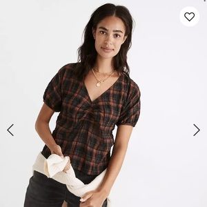 Madewell Gathered V-Neck Top in Plaid